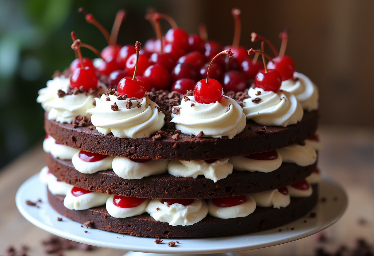 Fertige Schwarzwälder Kirschtorte mit Schokoladenbiskuit, Sahne, Kirschen und Schokoraspeln auf einer Kuchenplatte.