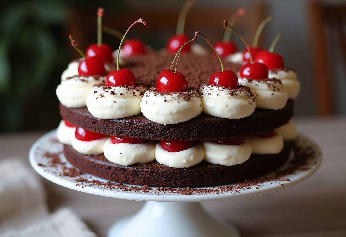 Fertige Schwarzwälder Kirschtorte mit Schokoladenbiskuit, Sahne, Kirschen und Schokoraspeln auf einer Kuchenplatte.