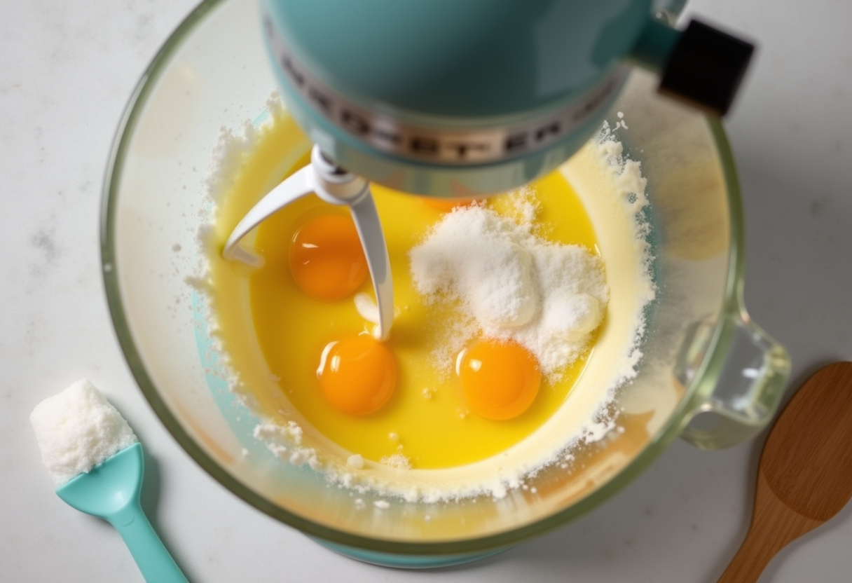 Eier und Zucker werden in einer Küchenmaschine für den Biskuitteig der Schwarzwälder Kirschtorte schaumig geschlagen.