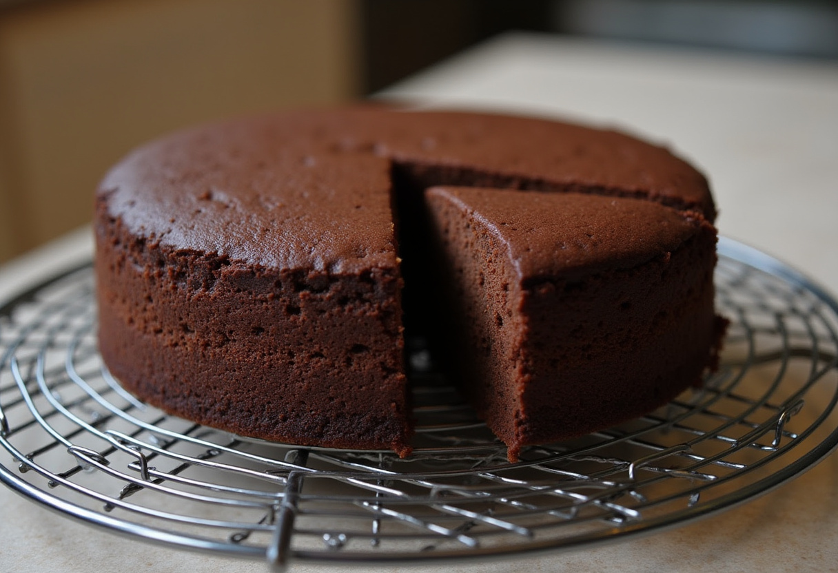 Gebackener Schokoladenbiskuit für die Schwarzwälder Kirschtorte kühlt auf einem Gitter aus.