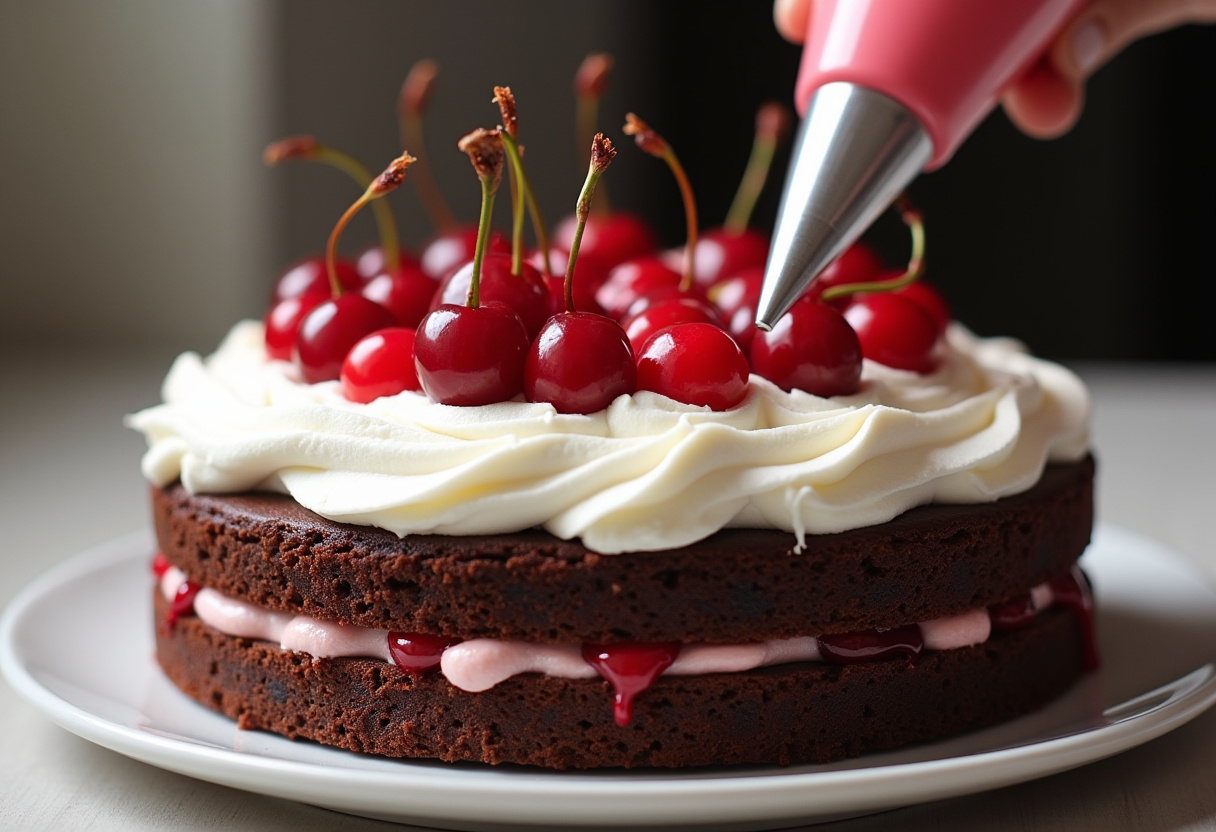 Schokoladenbiskuit-Schicht der Schwarzwälder Kirschtorte wird mit Kirschwasser getränkt und mit Sahne und Kirschen belegt.